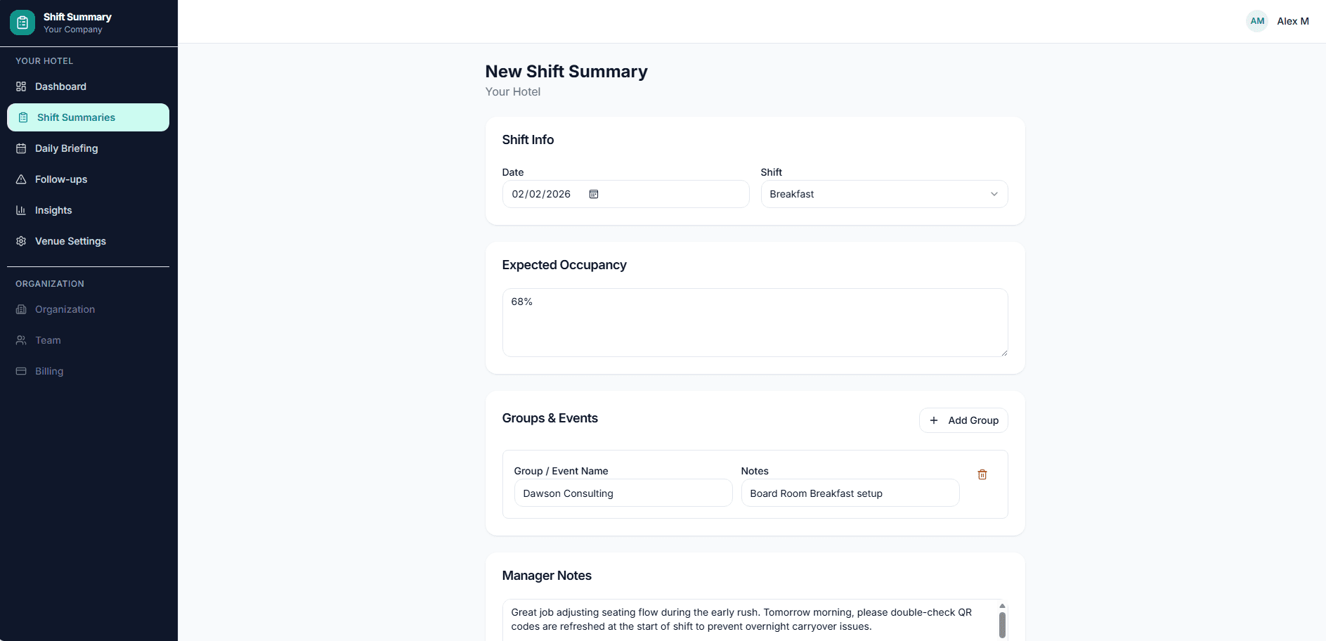 New Shift Summary form showing structured sections for shift info, expected occupancy, groups and events, and manager notes